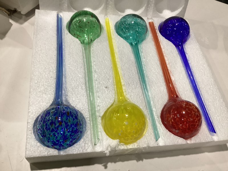 Condition photo showing Good Condition for plant watering globes set of 6 - large glass self watering bulbs up to 7 days of irrigation - for indoor & outdoor plants - multicolor, automatic, glass watering bulbs for daily use, watering devices set of 6 large