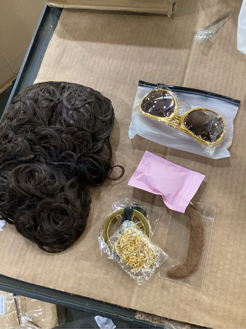 Condition photo showing New/Like New for mens curly wig + glasses + gold chain + peace sign necklace +mustache + wig cap long curly brown wigs for 70s disco party cosplay costume halloween use?6pcs set? brown+glasses+gold chain+peace sign necklace+mustache