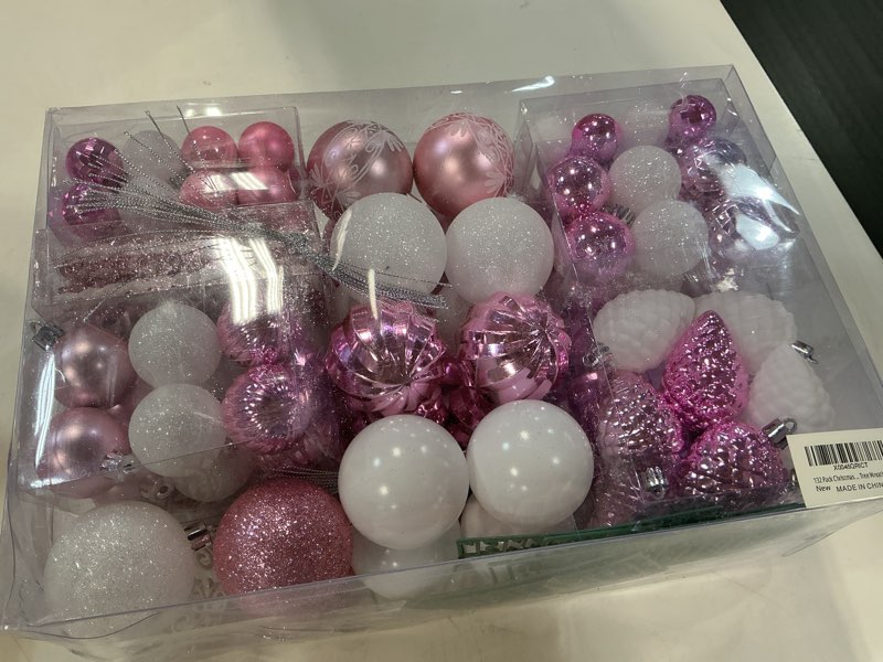Condition photo showing New/Like New for Christmas Tree Ornament, 132pcs Christmas Tree Decoration Set Pink Christmas Ball Shatterproof Hanging Tree Ornament Large and Small Ornaments Baubles Assortment for Christmas Tree Decor Holiday Party