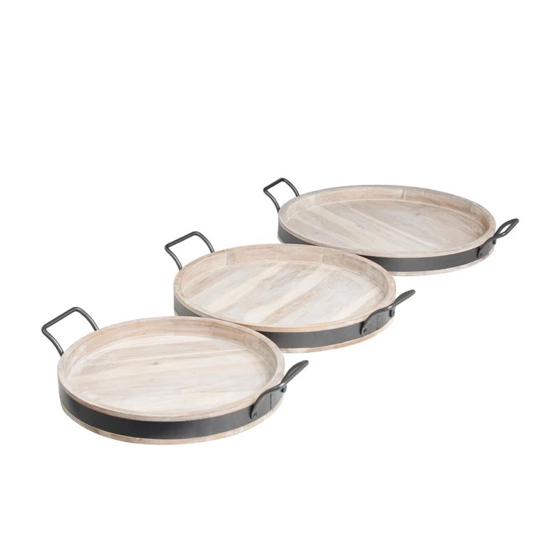 ( incomplete) Brown Wood  Living Room Decor Tray with Black Metal Handles, 28" x 10" x 2" round 