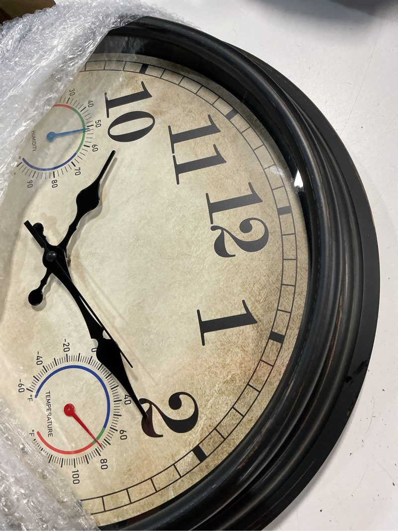 Condition photo showing Good Condition for 16 inch large outdoor clock with thermometer and hygrometer combo, waterproof indoor outdoor wall clocks for patio, pool, garden, backyard decor- retro bronze 16 bronze