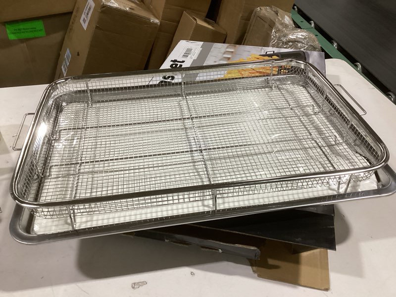 Condition photo showing New/Like New for Air Fryer Basket for Oven, Extra Large 18.8" x 12.8" Oven Air Fryer Basket and Tray Set with 30 PCS Parchment Papers, Stainless Steel Air Fryer Pan and Crisper Tray (Silver) 18.8" x 12.8"-SILVER