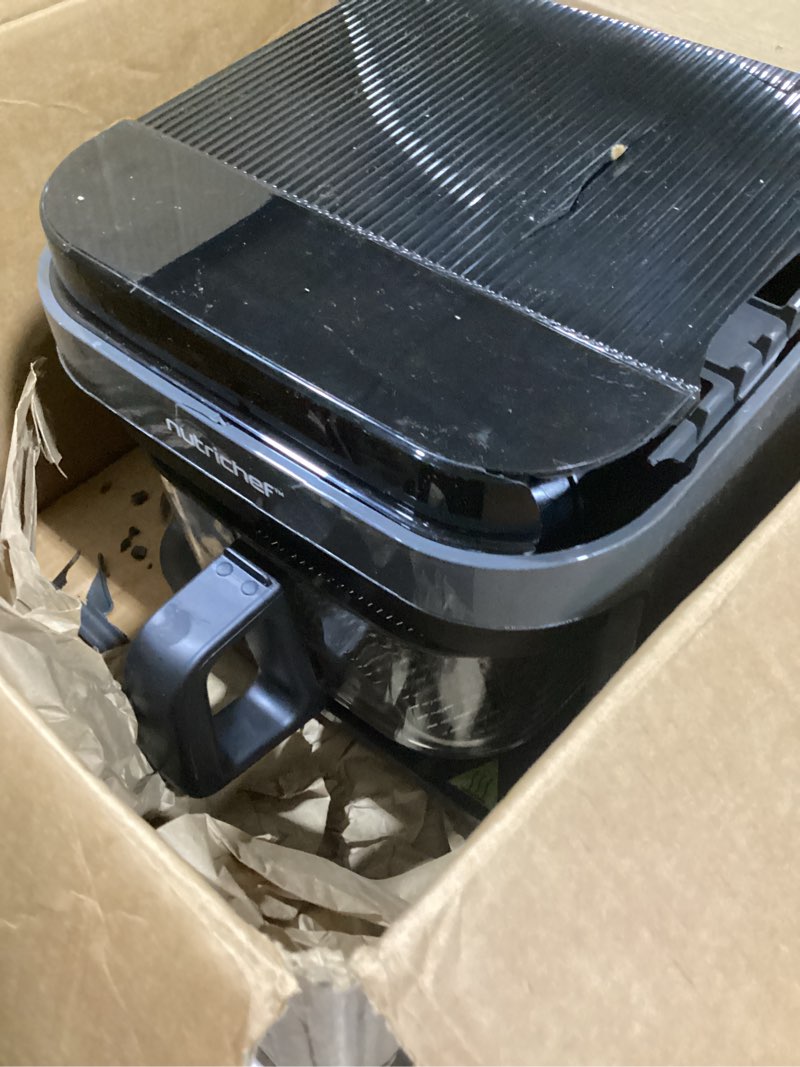 Condition photo showing As Is for Nutrichef 5.8 Quart Air Fryer | 8-1 Preset Cook Modes | Transparent Fry Bowl for Best Cooking Results | Cook Shrimp, Steak, Fries, Wings, Chicken & More | Precise Temperature Control & Time | Grey