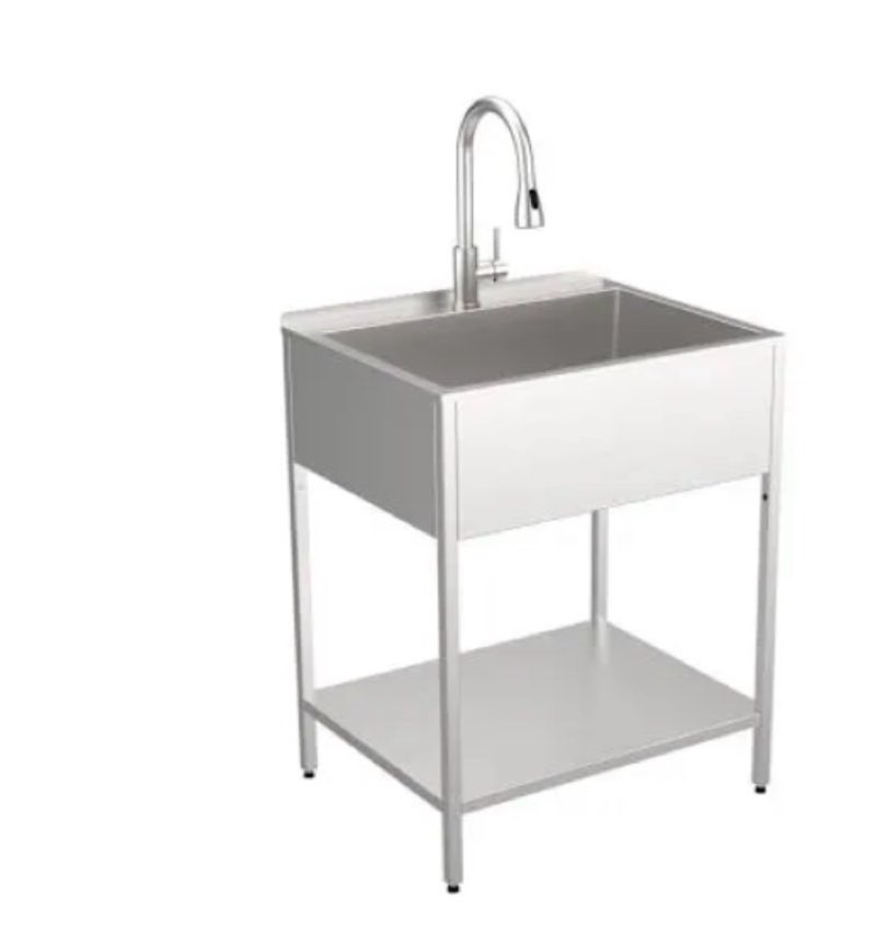 Transolid Contemporary Laundry Washstand 28" Free Standing Single Basin Stainless Steel Utility Sink with Storage Shelf and Stainless Steel Faucet