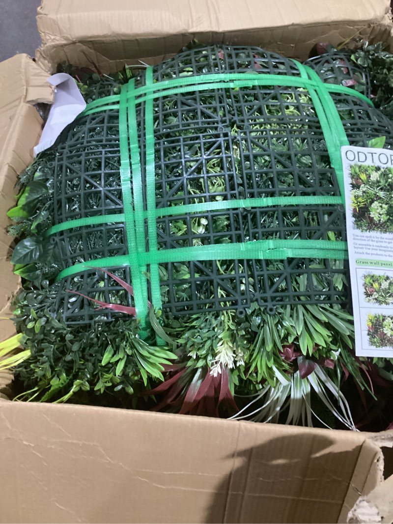Condition photo showing Good Condition for odtory artificial plant wall panels: 20"×20" 24p uv-anti faux grass wall backdrop boxwood ivy fence privacy screen fake greenery leaf hedge for outdoor,indoor,garden,backyard and home decor 20"x20" 24p