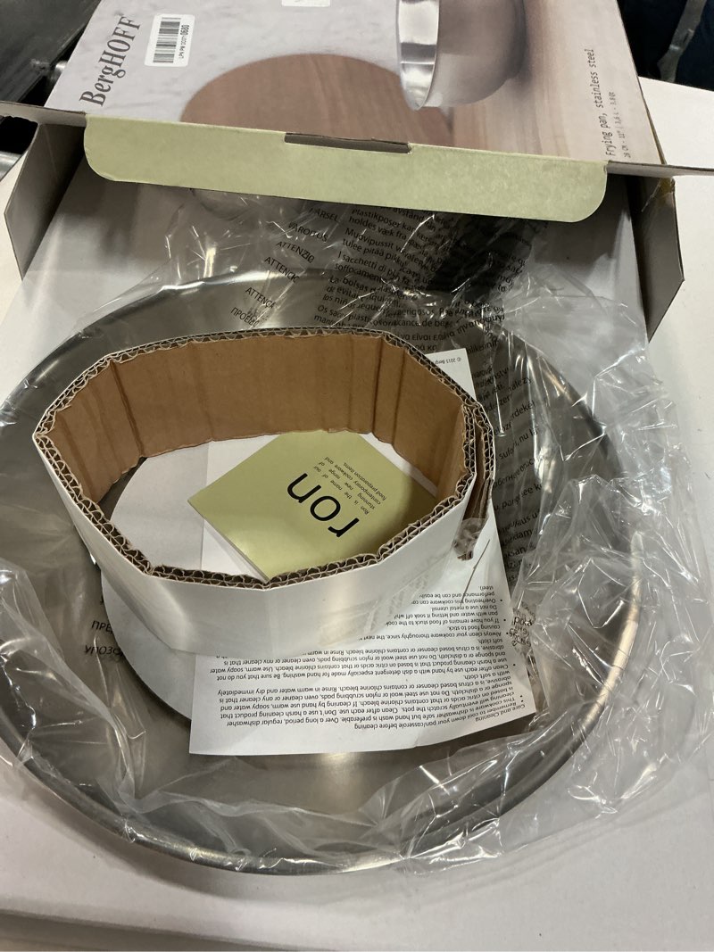 Condition photo showing New/Like New for berghoff ron 18/10 stainless steel frying pan 11" 3.5 qt. silver & black induction cooktop stay-cool handle durable 5-ply material cold grip system dishwasher safe