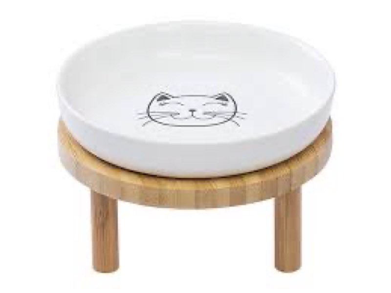 Shallow Elevated Cat Bowls,5.9 Inch Wide Raised Ceramic Cat Dishes with Bamboo Stand, Whisker Friendly Pet Water or Food Plates Feeding Station for Indoor Cats, Kitten(White,Set of 2)