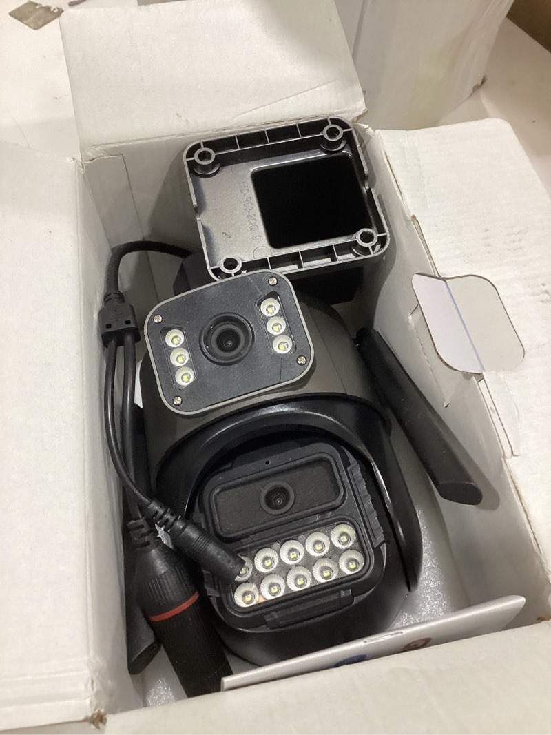 Condition photo showing As Is for outdoor camera, dual lens ptz 6mp security camera outdoor, 6x digital zoom, auto tracking, color night vision, 5g/2.4g dual-band wifi, plug-in power, 2-way audio, ip66 waterproof black