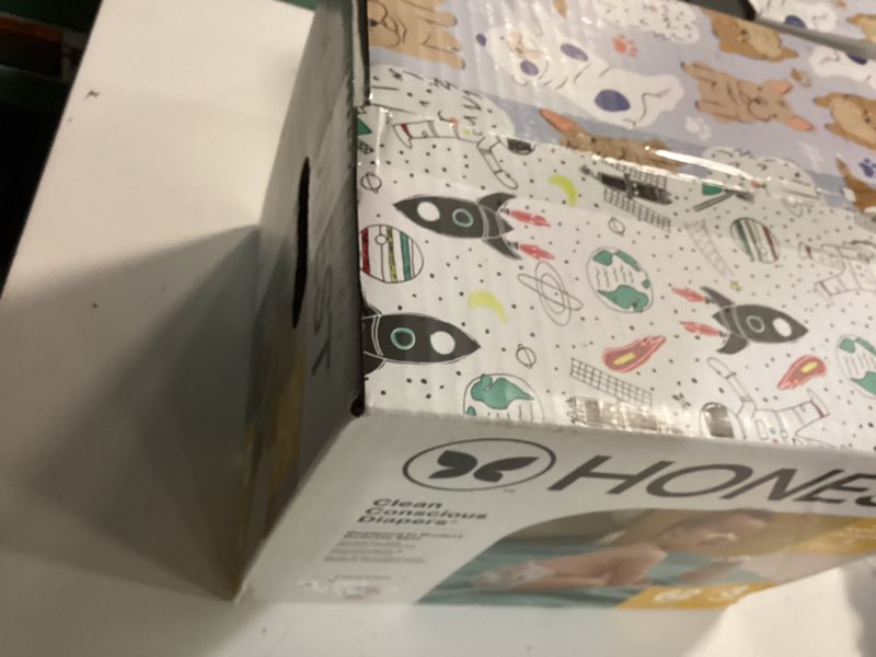 Condition photo showing New/Like New for the honest company comfort dry diapers, hypoallergenic, fragrance-free, sensitive skin, space travel + it's a pawty, club box size 3 (16–28 lbs), 62 count size 3 (62 count) space travel + it's a pawty