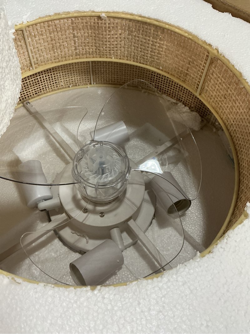 Condition photo showing Good Condition for 20 inches Flush Mount Bamboo Wicker Boho Ceiling Fan with Light,Bladeless Enclosed Low Profile Fandelier for Indoor Bedroom Kitchen White