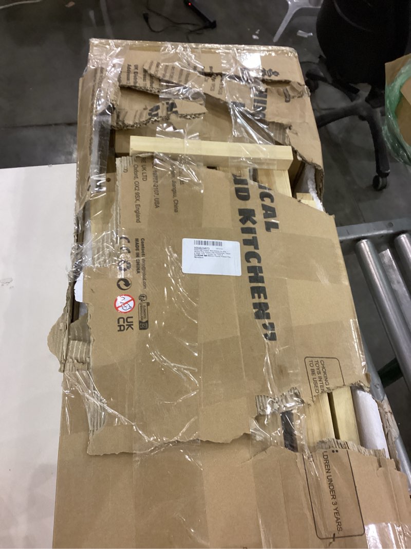 Condition photo showing As Is for ROBOTIME Outdoor Mud Kitchen for Kids – Wooden Play Kitchen with Accessories, Faucet & Water Tank, 3 Garden Toy Tools & Chalkboard, Kids Kitchen Playset Pretend Play Set, Gift for Ages 3+