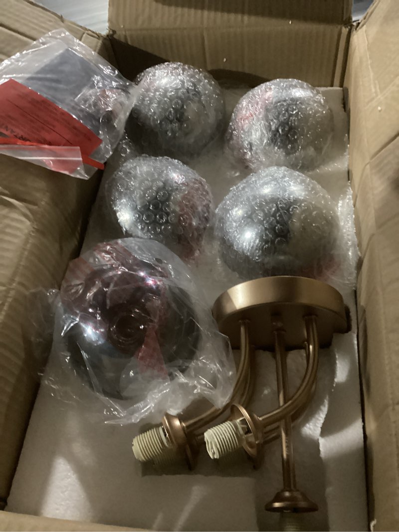 Condition photo showing New/Like New for sputnik ceiling light fixture flush mount globe chandelier modern sputnik chandelier 5-light gold semi flush mount ceiling light fixture with smoky grey glass for kitchen foyer hallway 15.35inch gold & grey