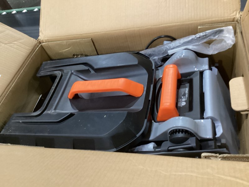 Condition photo showing As Is for litheli 13 inch electric lawn mower cordless,grass cutter machine for 2600 sq.ft. lawnmower, 8 gallon capacity, cutting height from 1 to 2.5 in, includes 2x4.0 ah battery. orange white, not tested