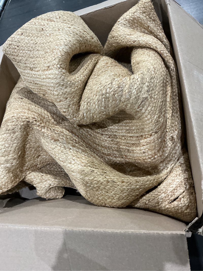 Condition photo showing As Is for chardin home jute braided boho area rug – 8 feet round natural jute farmhouse rug, artisanal vintage bohemian handcrafted home décor, perfect for living room, bedroom, dining room, study 8' (round)