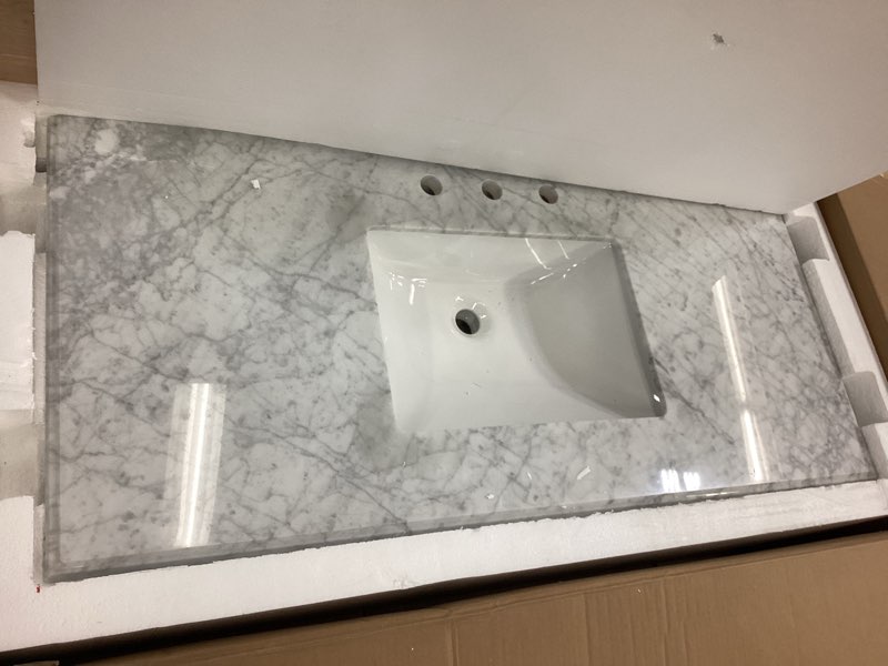 Condition photo showing Good Condition for 48" x 22" Vanity Top, Quartz Vanity Sink Top in Pure White, with One Sidesplash & One Backsplash, with Undermounted Sink,8 Inch Faucet Hole Spread for Vanity Top with Sink Pure White 48"-Middle Sink