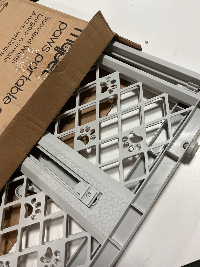 Condition photo showing Good Condition for mypet north states paws portable pet gate: 26-40" wide. pressure mount. no tools needed. made in usa. dog gate 23" tall, expandable, durable dog gates for doorways, light gray