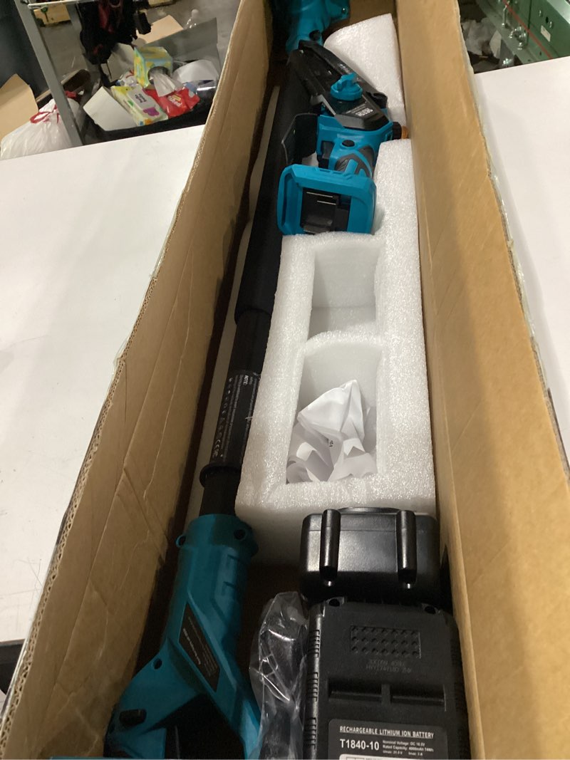 Condition photo showing As Is for seesii 2-in-1 electric pole saws: brushless mini chainsaw cordless 6 inch, 2 x 4000mah batteries, pole saw for tree trimming,hand held small chain saw with extension pole for tree limb branch cutter baby blue