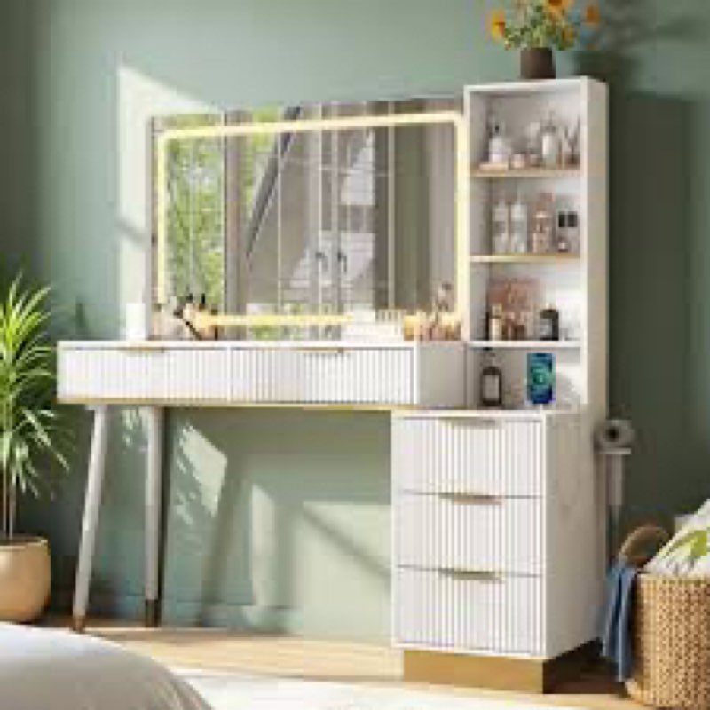 ((Incomplete))Mercer41 48\" Vanity Desk with 35\" Large Lighted Mirror, 5 Drawers & Shelves & Charging Station
