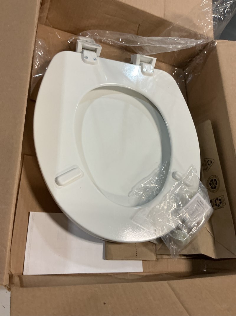 Condition photo showing As Is for mayfair sculptured ivy toilet seat, easy clean hinges with durable wood seat, made in usa, round, white white round ivy