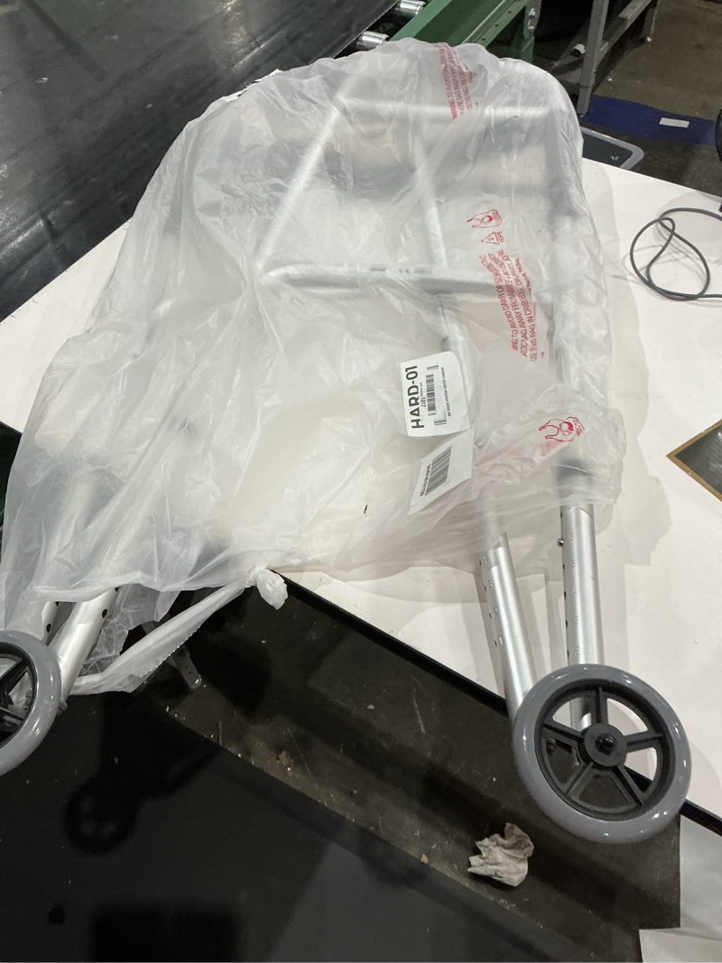 Condition photo showing Good Condition for drive medical two-button folding walker with wheels - lightweight rolling mobility support - adjustable height - dual push-button operation - 5 inch front wheels - durable aluminum - silver 2-button walker