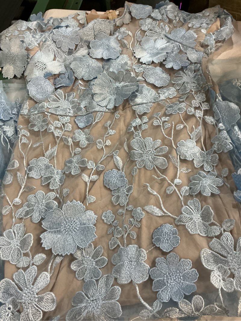 Condition photo showing Good Condition for (size:l)women's 3d floral embroidery dress ruffle sleeve fishtail lace bodycon party cocktail mini dress large sky blue