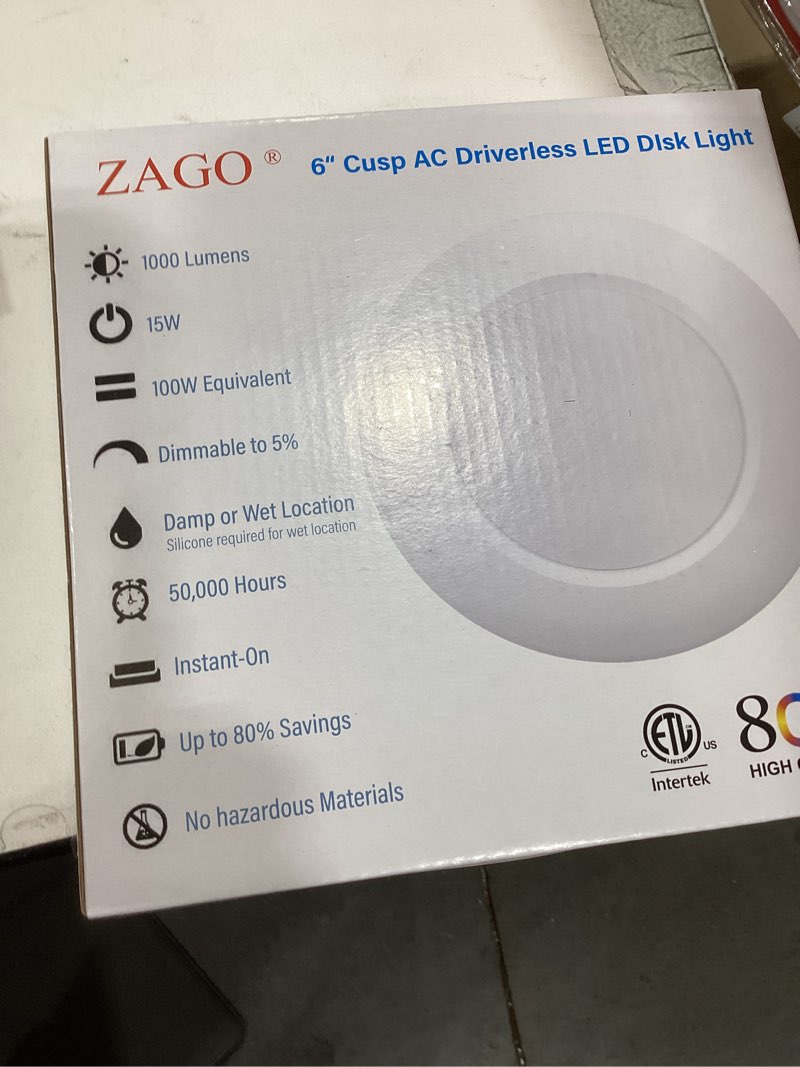 Condition photo showing New/Like New for ZAGO 6 Inch LED Disk Light Surface Mount Low Profile Recessed Retrofit Ceiling Fixture for J Box, Dimmable, 15W=75W, 980LM, 5000K Daylight White, CRI>80, ETL Listed, Wet Location