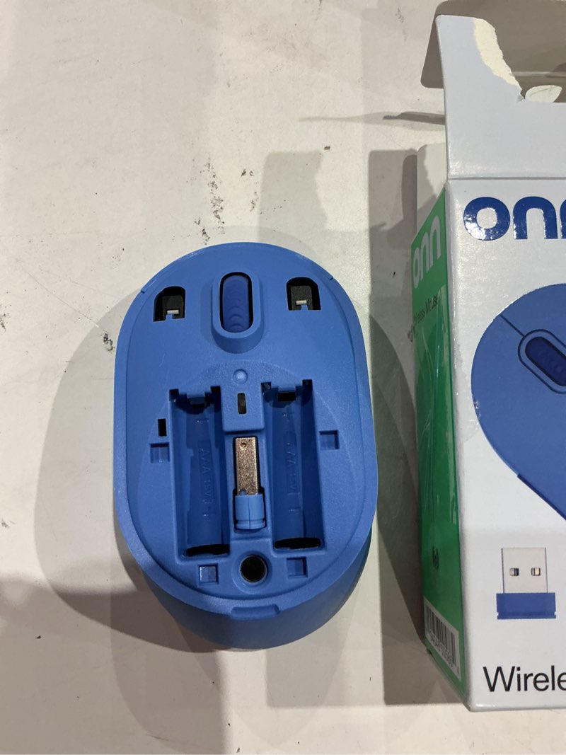 Condition photo showing As Is for onn. wireless mouse with 5 buttons and scroll wheel, 2.4 ghz with usb nano receiver, blue