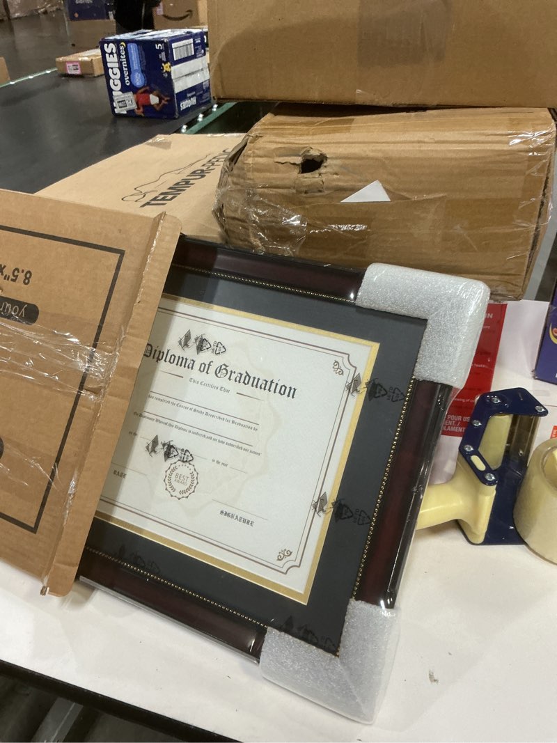 Condition photo showing New/Like New for GraduationMall 8.5x11 Diploma Frame with Black over Gold Mat or Display 11x14 Document without Mat, UV Protection Acrylic, Mahogany with Gold Beads Mahogany With Gold Beading 11x14 or 8.5x11 With Mat
