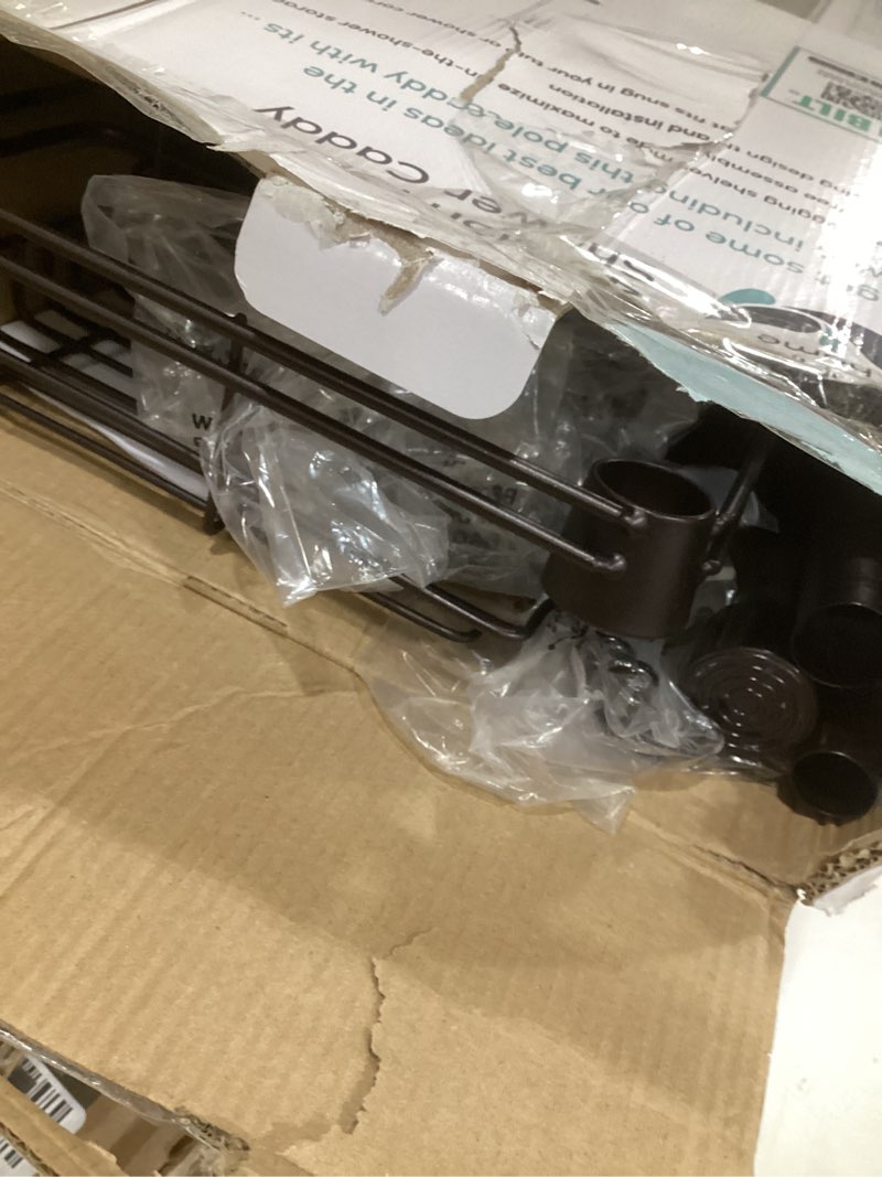 Condition photo showing Good Condition for Zenna Home Tension Pole Shower Caddy Corner Organizer, Adjustable Standing Shower Caddy with 4 L-shaped Baskets and Hooks, Rust Resistant Bathroom Tension Rod Organizer, 60 to 97 Inch, Bronze