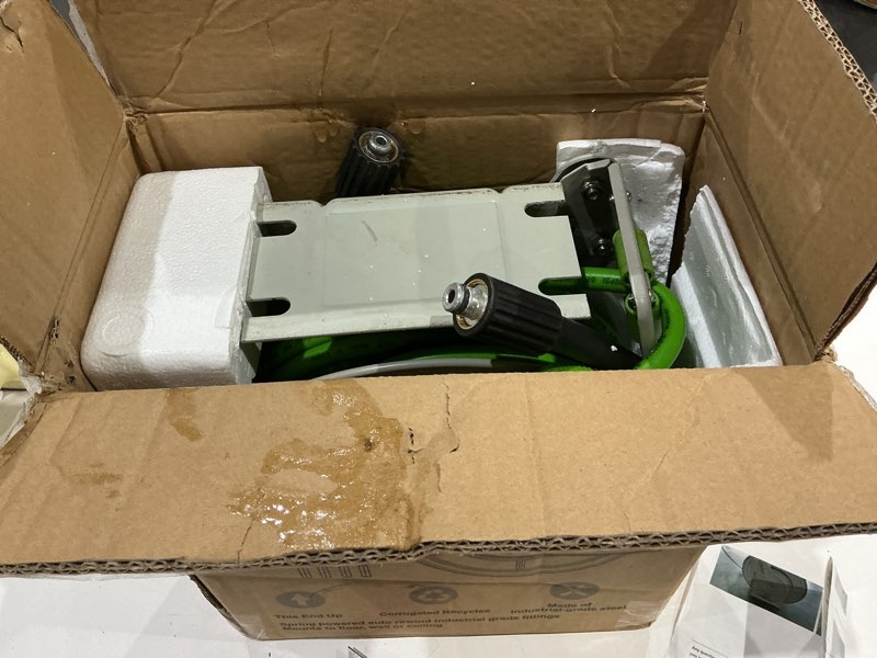 Condition photo showing As Is for pwaccs retractable pressure washer hose reel, 1/4" x 60ft heavy duty power washer hose reel, high pressure reel auto rewind, wall/floor mounted, 3600 psi 60ft hose reel