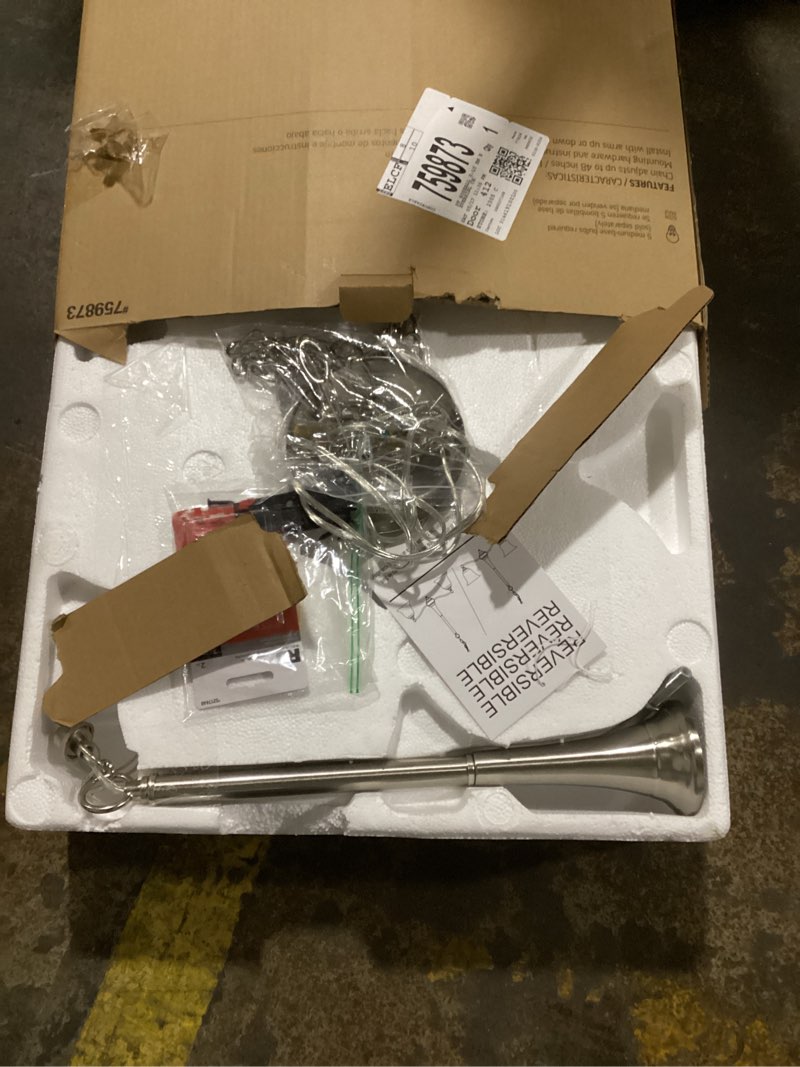 Condition photo showing Good Condition for project source roseall 5 -light brushed nickel traditional for use in bedrooms, dining rooms, foyers, kitchens, living rooms chandelier