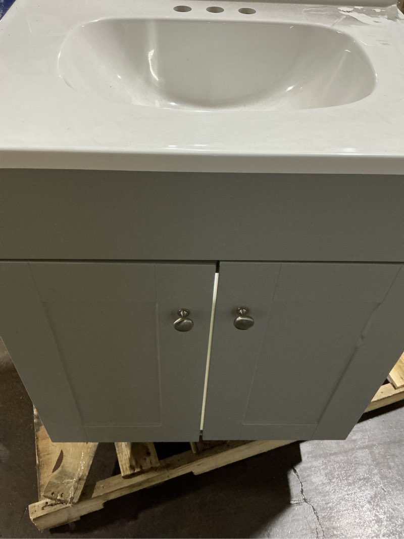 Condition photo showing As Is for project source dover true white single sink only bathroom vanity with white cultured marble top