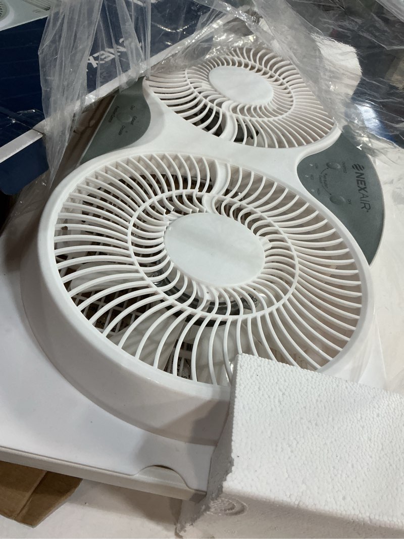 Condition photo showing As Is for 9" twin window fan with remote control, 3 speed bedroom window fan reversible airflow exhaust and intake quiet operation, fan window easy to install seals with built-in panels extending 24"-37"