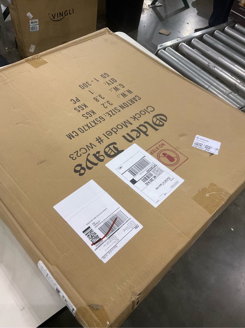 Condition photo showing New/Like New for Large Wooden Wall Clock - Antique, Vintage, Rustic, Country Farmhouse Style - Real Wood - Iron Roman Numeral Design - Built-in Wall Hanging Ring - 23.5" x 28"