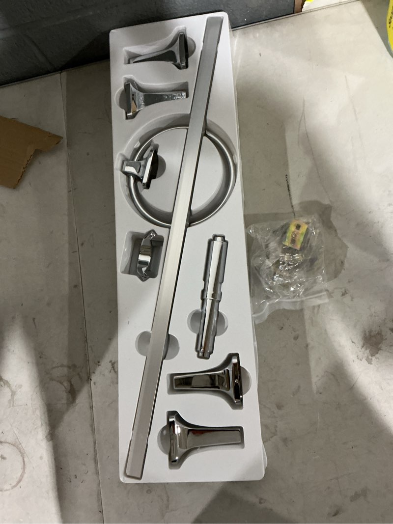Condition photo showing Good Condition for project source 4-piece seton chrome decorative bathroom hardware set with towel bar, toilet paper holder, towel ring and robe hook