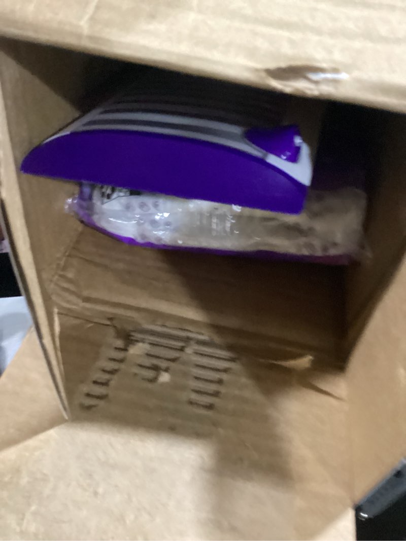 Condition photo showing As Is for swiffer powermop multi-surface mop kit for floor cleaning, fresh scent, mopping kit includes powermop, 2 mopping pad refills, 1 floor cleaning solution with fresh scent and 2 batteries purple and white