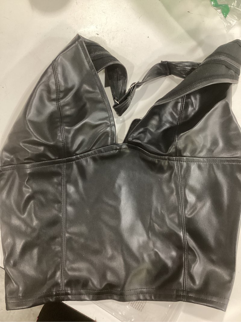 Condition photo showing Good Condition for Navneet Women Sexy PU Leather Halter Crop Top Deep V Neck Backless Going Out Tank Top Black Small