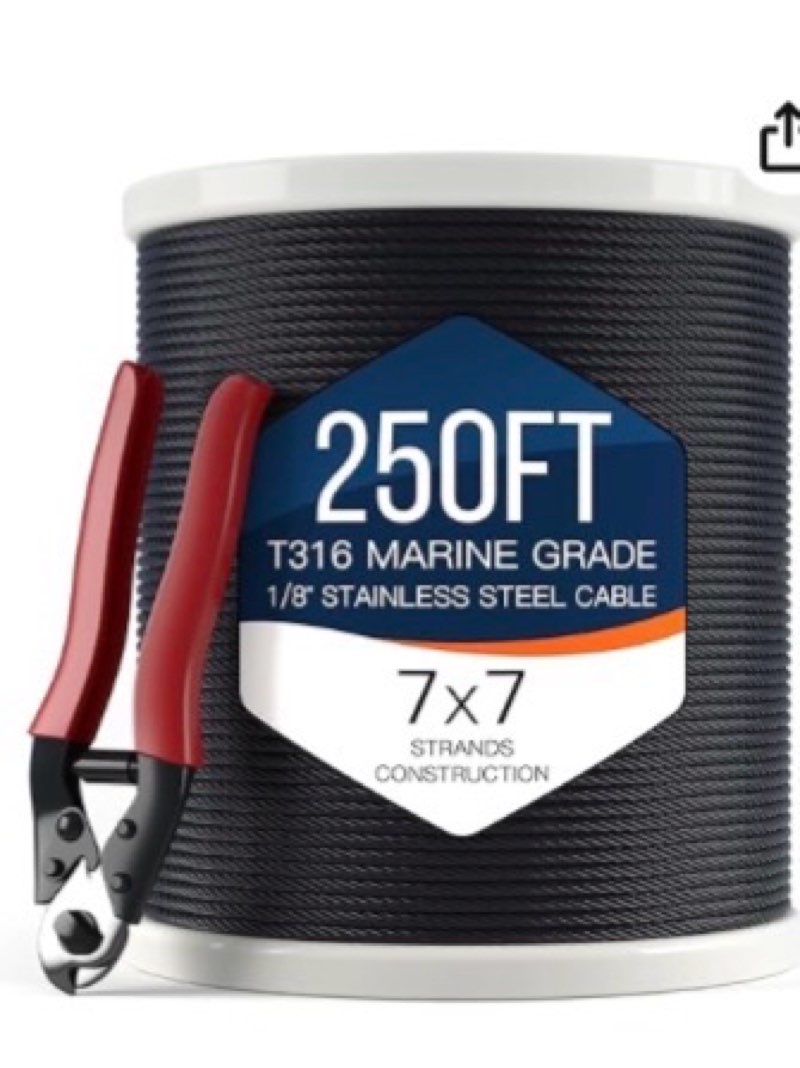 1/8" T316 Stainless Steel Cable, Electroplated Black Aircraft Cable for Deck Railing, 7x7 Strand Cor