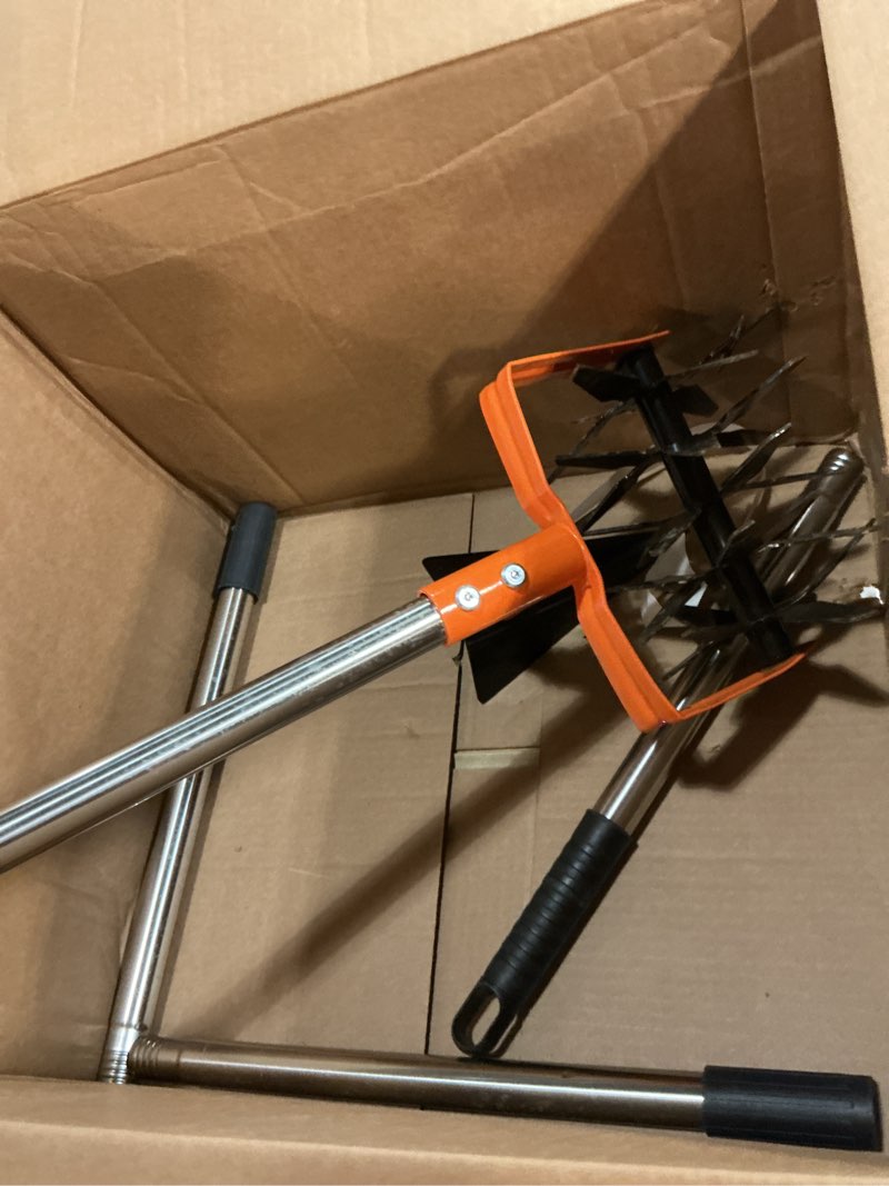 Condition photo showing As Is for pankay rotary hand tiller for gardening, garden cultivator tool with tilling blade, 63’’ adjustable stainless steel poles cultivators for gardening, lawn care, reseeding grass, soil mixing