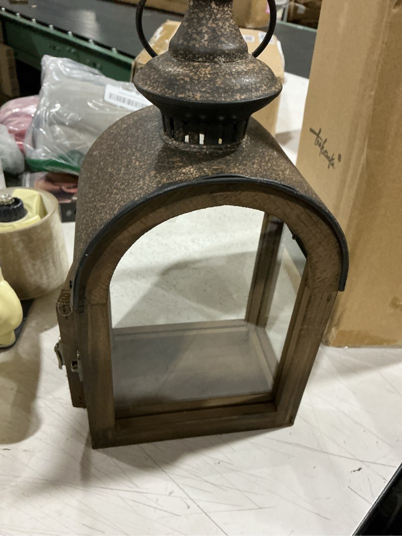 Condition photo showing Good Condition for 12" high wooden dome lantern made of solid fir wood and real glass in rustic brown finish with rustic metal top, hurricane lantern, farmhouse lantern (1, brown, small) brown 6"x4.4"