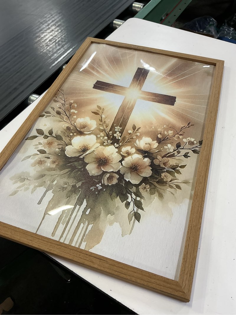 Condition photo showing As Is for framed cross and floral canvas wall art cross motif flanked by olive branches and flowers christianity poster perfect for living room bedroom office church 16x24in cross flowers 24"l x 16"w