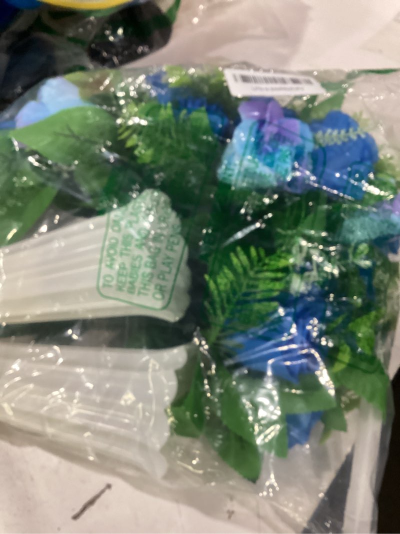 Condition photo showing Good Condition for lodou set of 2 artificial cemetery flower, outdoor grave decorations roses,cemetery memorial flowers with vase for gravesite outdoor headstone tombstone decorations (blue)