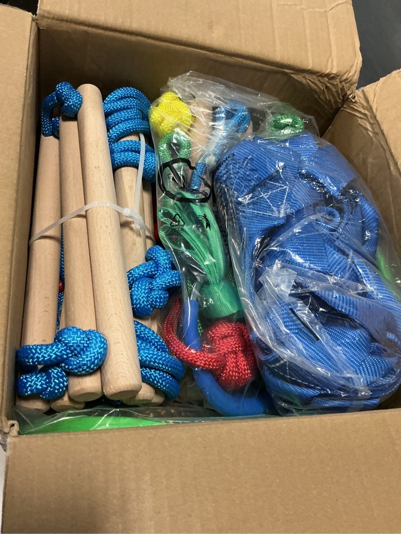 Condition photo showing Good Condition for 50ft ninja warrior obstacle course for kids - double slacklines with 10 most complete accessories for kids, swing, trapeze swing, rope ladder, obstacle net, 1.2m arm trainer 2x50ft + 10 attachments