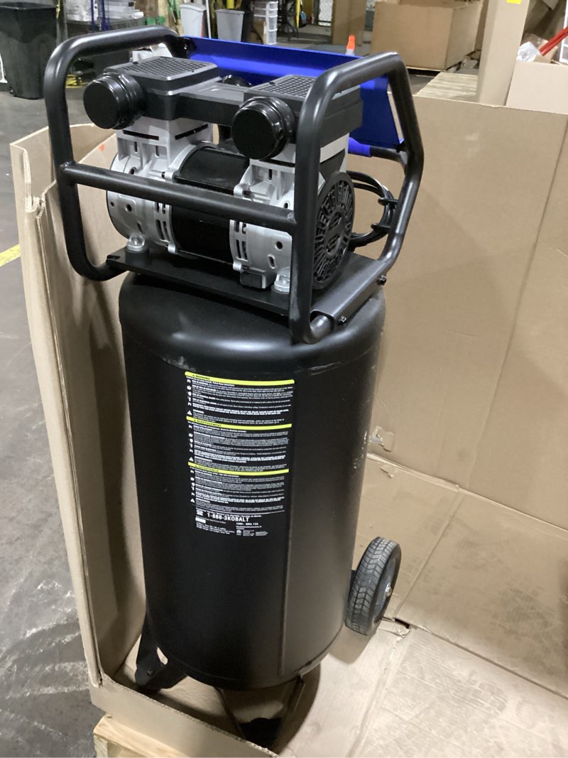 Condition photo showing As Is for kobalt quiet tech 26-gallon portable electric 150 psi vertical air compressor