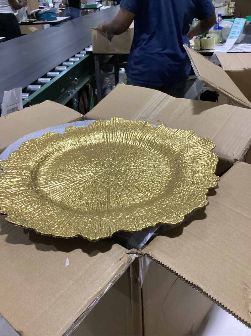Condition photo showing As Is for ejonirinjonir ei 50pcs gold charger plates,13 inch charger plates bulk,round ruffled rim chargers for dinner plate,table chargers for wedding,party 50pcs gold coral
