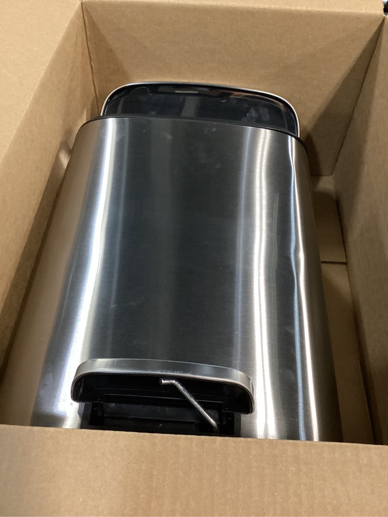 Condition photo showing Good Condition for amazon basics small trash can, 3.1 gallon (12l), smudge resistant rectangular bin with soft-close lid, step foot pedal, removable inner bucket, brushed stainless steel, satin nickel finish satin nickel small, 12l/3.2 gal