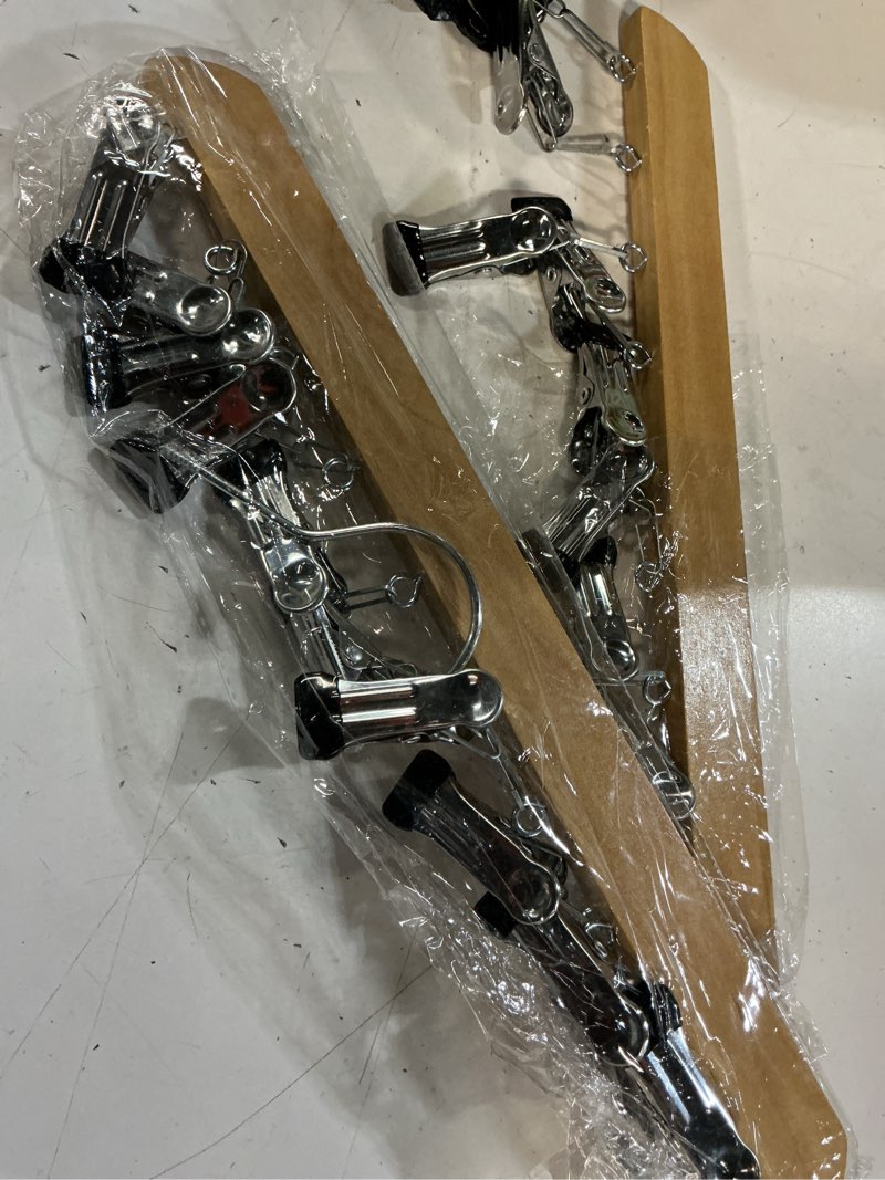 Condition photo showing New/Like New for closet organizer with 10 clips, 2pcs space saving hanging closet organizer, space-saving hat scarf clothespins for jeans skirts socks leggings wooden pant hangers with clips(wood) 2pc-light wood