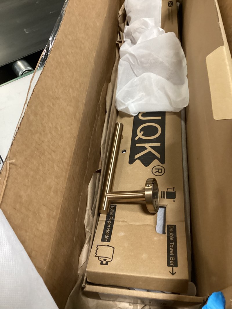 Condition photo showing Good Condition for JQK Bathroom Hardware Set, 5-Piece Bath Accessories Set Brass Gold Wall Mount Includes 24 in Towel Bar, 9 in HT Bar, TP Holder, Towel Hook x 2 Brushed Gold, BAS105-BG 5-Piece Gold