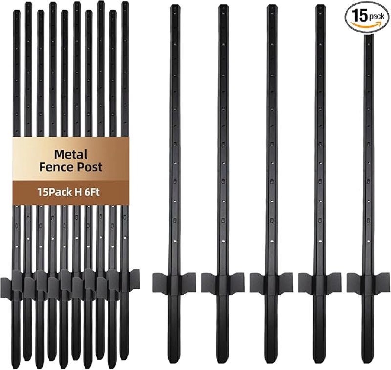 15 pack metal fence post black splicing, 6ft heavy duty garden fence post for wire fence, fence posts no dig u post for lawn, garden, farm