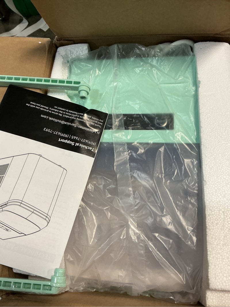 Condition photo showing Good Condition for NEWBULIG Ice Makers Countertop with Handle, Portable Ice Machine, 9 Bullet Ice Cubes in 6 Mins, 26lbs in 24Hrs, Auto-Cleaning, with Basket and Scoop, for Home, Kitchen, RV, Camping, Green Green Handle 12.5"*11.6"*8.8"